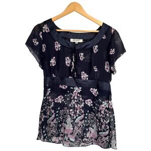 Romy sheer floral chiffon blouse M navy pink border print y2k boho